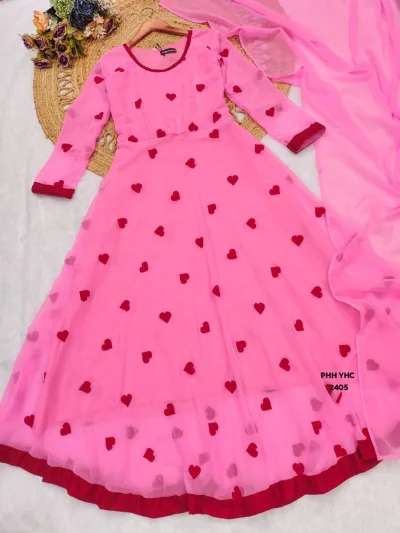 Heart Embroidered Anarkali Gown with Dupatta